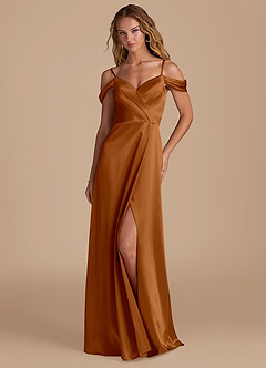 Azazie Ocean Bridesmaid Dresses Copper A-Line Off the Shoulder Metallic Satin Dress image3
