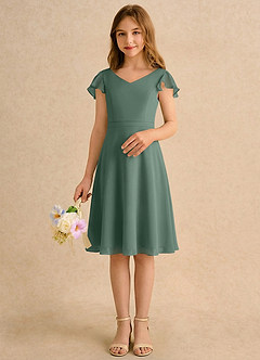 Azazie Narin Girls Formal vestidos de niña de las flores Vestido de Eucalipto de Gasa de Corte en A con Con mangas image3
