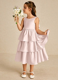 Azazie Margery Flower Girl Dresses Blushing Pink A-Line Bow Stretch Satin Dress image4