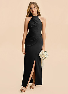 Azazie Jemma Junior Black Sheath Ruched Stretch Satin Dress image4