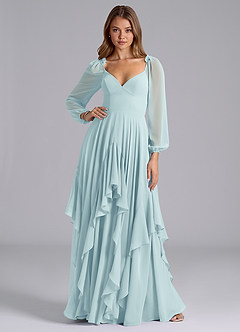 Azazie Karan Bridesmaid Dresses Sea Glass A-Line Long Sleeve Chiffon Dress image3