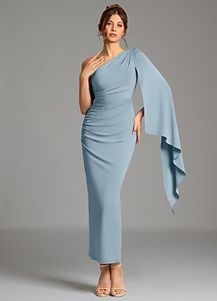 Azazie Jana Bridesmaid Dresses Dusty Blue Sheath Long Sleeve Premium Stretch Jersey Dress image1