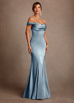 Azazie Boone Abiti per la Madre della Sposa Abito Sirena in Raso Elasticizzato a Spalla Scoperta Blu Polveroso image1