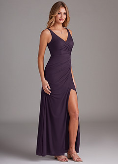 Azazie Leandra Bridesmaid Dresses Plum Mermaid V-Neck Pleated Mesh Dress image4