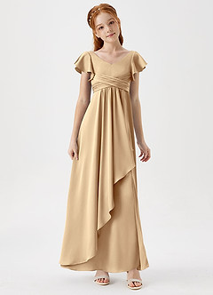 Azazie Omari Junior Champagne A-Line Pleated Stretch Satin Dress image3