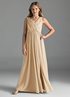 Azazie Tanicia Junior Champagne A-Line Mesh Dress image3