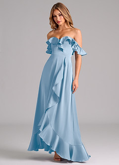 Azazie Lyra Brudtärnklänningar Klänning av A-Linje i Stretch Satin Off the shoulder Puderblå Konvertibel image4