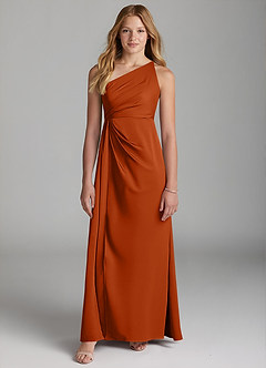 Azazie Mika Junior Robe Trapèze en Satin extensible Plissée Orange Brûlée image3