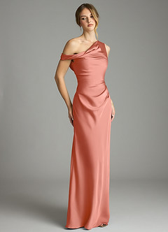 Azazie Emerson Bridesmaid Dresses Salmon Pink Mermaid Off the Shoulder Stretch Satin Dress image5