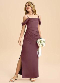 Azazie Saige Junior Robe Fourreau en Satin extensible Épaule décolletée Sangria image5