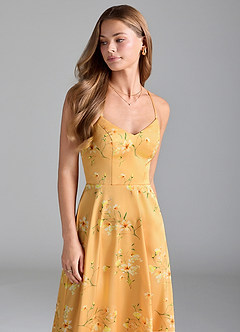 Azazie Mei Bridesmaid Dresses Golden Blooms A-Line V-Neck Stretch Satin Dress image5
