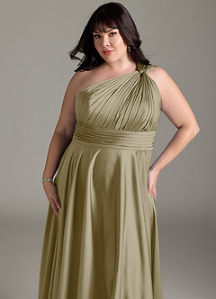 Azazie Charlize Bridesmaid Dresses Moss Green A-Line One Shoulder Stretch Satin Dress image14