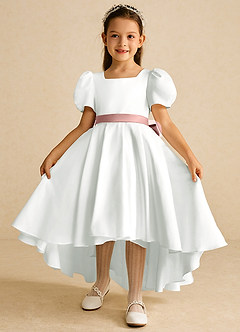 Azazie Zippy Flower Girl Dresses Ivory Rose Gold A-Line with Sleeves Matte Satin Dress image2