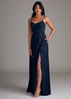 Azazie Moira Bridesmaid Dresses Dark Navy A-Line Side Slit Floral Burnout Dress image3