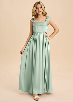 Azazie Hattie Junior Jurk van Stretch Satijn met A-Lijn Geplooid Agave image5