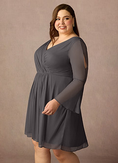Azazie Teraso Mère de la mariée Robes Robe Trapèze en Maille Plissée Gris Acier image14