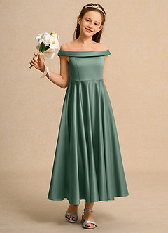 Azazie Teeny Junior Formal vestidos de niña de las flores Vestido de Eucalipto de Satin Mate de Corte En A con Plisado image5