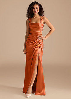 Azazie Jesaphine Bridesmaid Dresses Burnt Orange Sheath Bow Metallic Satin Dress image3