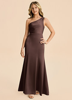 Azazie Ren Junior Ganache A-Line Pleated Stretch Satin Dress image4