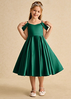 Azazie Favia Flower Girl Dresses Emerald A-Line Off the Shoulder Matte Satin Dress image4