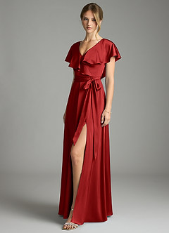 Azazie Lainey Bridesmaid Dresses Pomegranate A-Line with Pockets Stretch Satin Dress image4