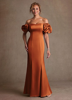 Azazie Redding Mother of the Bride Dresses Cinnamon Sheath Ruched Stretch Satin Dress image1