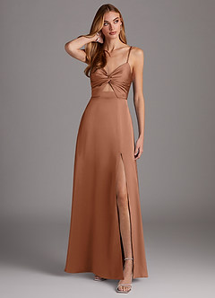 Azazie Jenna Bridesmaid Dresses Bronzer A-Line Pleated Stretch Satin Dress image1