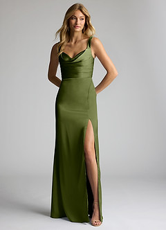 Azazie Elida Bridesmaid Dresses Olive Sheath Pleated Stretch Satin Dress image1