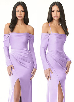 Azazie Hallie Vestidos de damas de honor Vestido de Lila de Satén Elástico de Corte Recto Convertible con Manga larga con hombros descubiertos image9