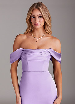 Azazie Saige Jurken voor bruidsmeisjes Jurk van Stretch Satijn met Kolom Off the Shoulder Lila image7