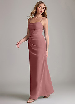 Azazie Mai Vestidos de damas de honor Vestido de Rosa Del Desierto de Gasa de Corte Recto con Plisado image4