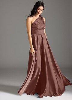 Azazie Charlize Bridesmaid Dresses Espresso A-Line One Shoulder Stretch Satin Dress image3