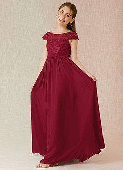 Azazie Silvermist Junior Burgundy A-Line Pleated Chiffon Dress image3