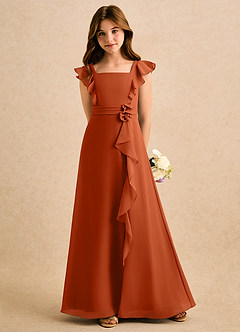 Azazie Soso Girls Formal Robe Demoiselle D'honneur Fillette Robe Trapèze en Mousseline de soie Plissée Orange Brûlée image5