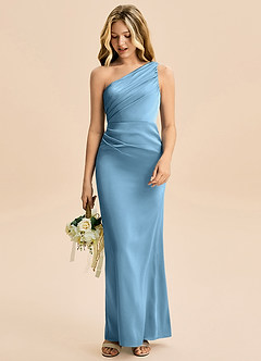 Azazie Akilah Junior Robe Fourreau en Satin extensible Plissée Acier Bleuté image3