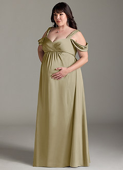 Azazie Rhea vestidos de dama de honor de maternidad Vestido de Corte En A Off The Shoulder Plisado Hasta el suelo Satén Elástico image11