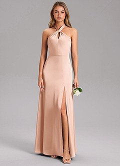 Azazie Tracie Bridesmaid Dresses Rose Gold A-Line Side Slit Stretch Satin Dress image3