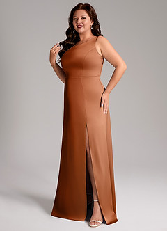 Azazie Phaedra Bridesmaid Dresses Copper A-Line One Shoulder Stretch Satin Dress image5