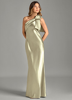 Azazie Yuanna Bridesmaid Dresses Moss Green Mermaid One Shoulder Metallic Satin Dress image1