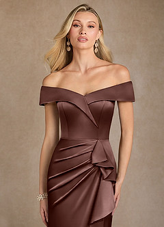 Azazie Laredo Vestidos para mãe da noiva Vestido Café Expresso de Cetim elástico de sereia com Fora do ombro image6