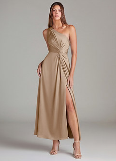 Azazie Brooke 신부 들러리 드레스 A라인 한쪽 어깨 스트레치 새틴 발목 길이 드레스 image1