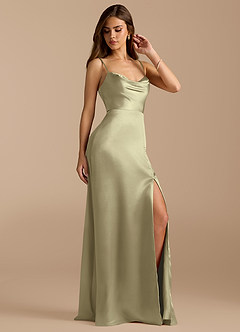 Azazie Erma Bridesmaid Dresses Moss Green A-Line Side Slit Metallic Satin Dress image3