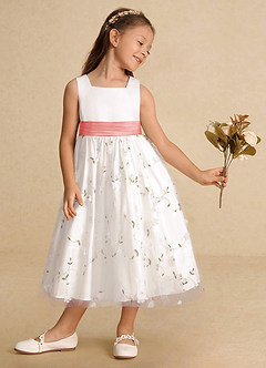 Azazie Pollie Flower Girl Dresses Ivory Coral A-Line Bow Tulle Dress image4