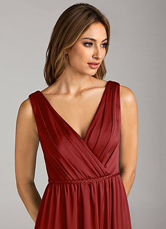 Azazie Tanicia Bridesmaid Dresses Pomegranate A-Line Pleated Stretch Satin Dress image6