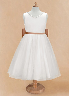 Azazie Seline Flower Girl Dresses Ivory Champagne Rose A-Line Bow Tulle Dress image6