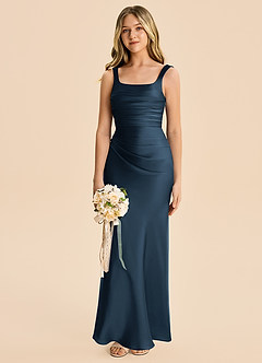 Azazie Agustina Junior Dark Navy Sheath Pleated Stretch Satin Dress image4