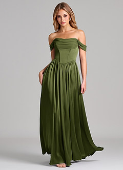 Azazie Raisa Robes de demoiselle d'honneur Robe Trapèze en Satin extensible Épaule décolletée Olive image3