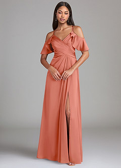 Azazie Dakota Bridesmaid Dresses Salmon Pink A-Line Off the Shoulder Stretch Satin Dress image3