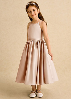 Azazie Indi Blumenmädchenkleider A-Linie Schleifen Matte Satin Kleid Englisches Rosa image7