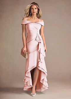 Azazie Billings Mother of the Bride Dresses Blushing Pink Mermaid Off the Shoulder Stretch Satin Dress image7